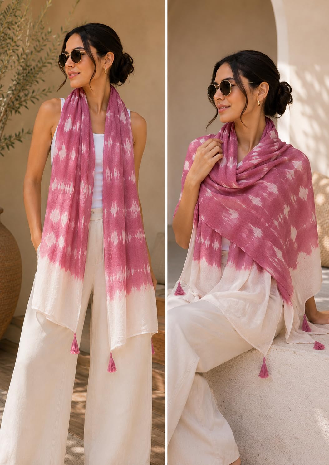 ESTA Women Scarf|Stole For Women|Scarf For Women Stylish|Stall For Women|Modern chic Face Cover Head Wrap |Tie-Dye Ombre Printed Tassel Stole pink.whte color|180x50cm