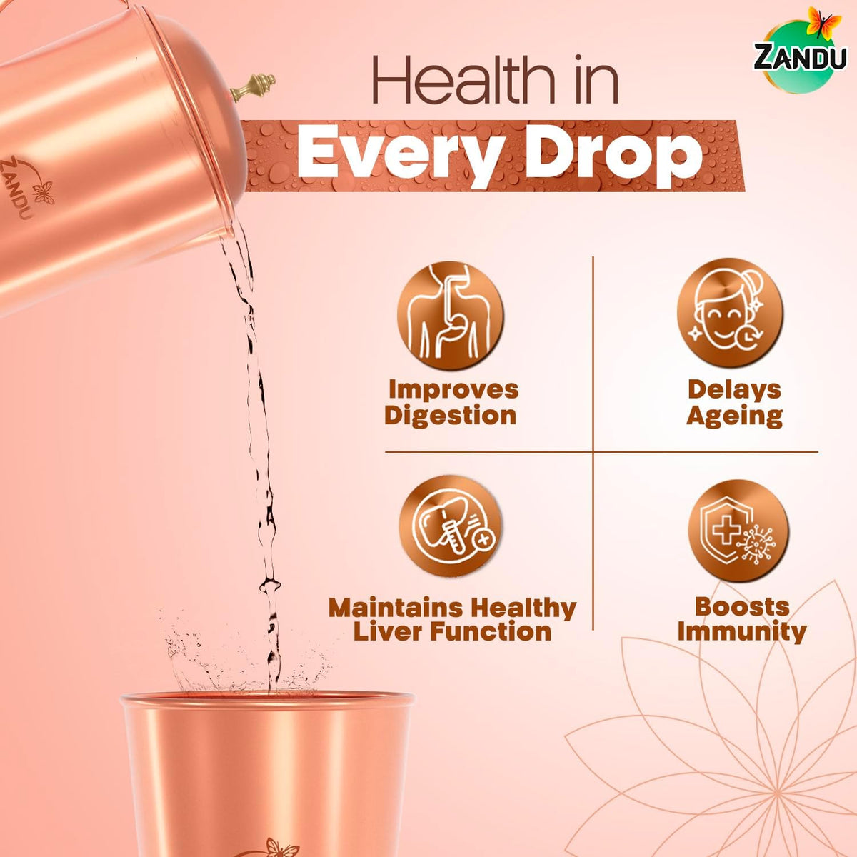 Zandu Copper Jug (2 L): Ayurveda Inspired | 100% Pure Copper | Copper Infused Water | Supports Digestive & Liver Health | Boosts Immunity | Useful in Promoting Overall Health