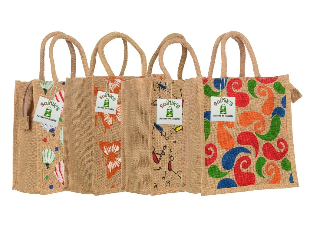SAINIK'S - Access to Quality Jute Shopping Grocery Printed Bag with Cotton Rope Handle for Men and Women with Zip (Multicolor) (Pack of 12)
