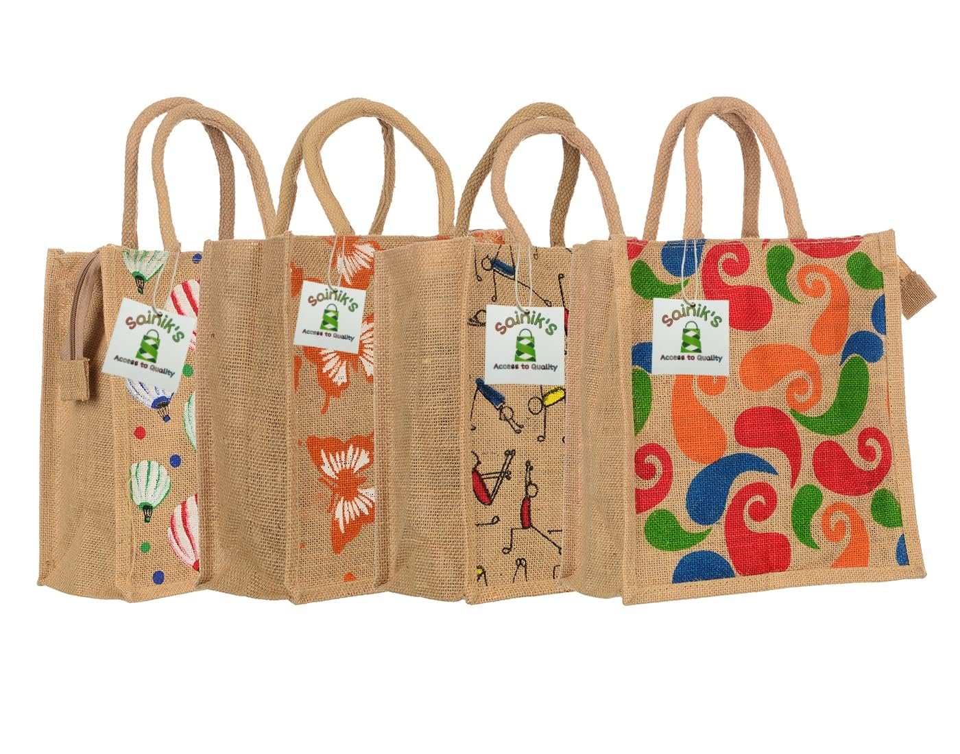 SAINIK'S - Access to Quality Jute Shopping Grocery Printed Bag with Cotton Rope Handle for Men and Women with Zip (Multicolor) (Pack of 12)