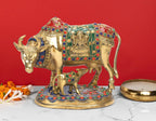 ARTVARKO Laxmi Ganesha Engraved Cow and Calf Statue Kamdhenu Gau MATA Brass Idol, Spiritual Vastu Nandi Pooja Decor, Gold Color 8 Inch