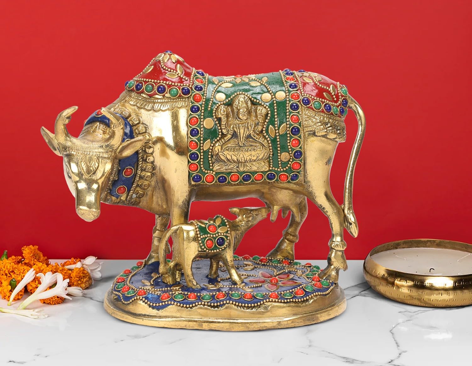 ARTVARKO Laxmi Ganesha Engraved Cow and Calf Statue Kamdhenu Gau MATA Brass Idol, Spiritual Vastu Nandi Pooja Decor, Gold Color 8 Inch