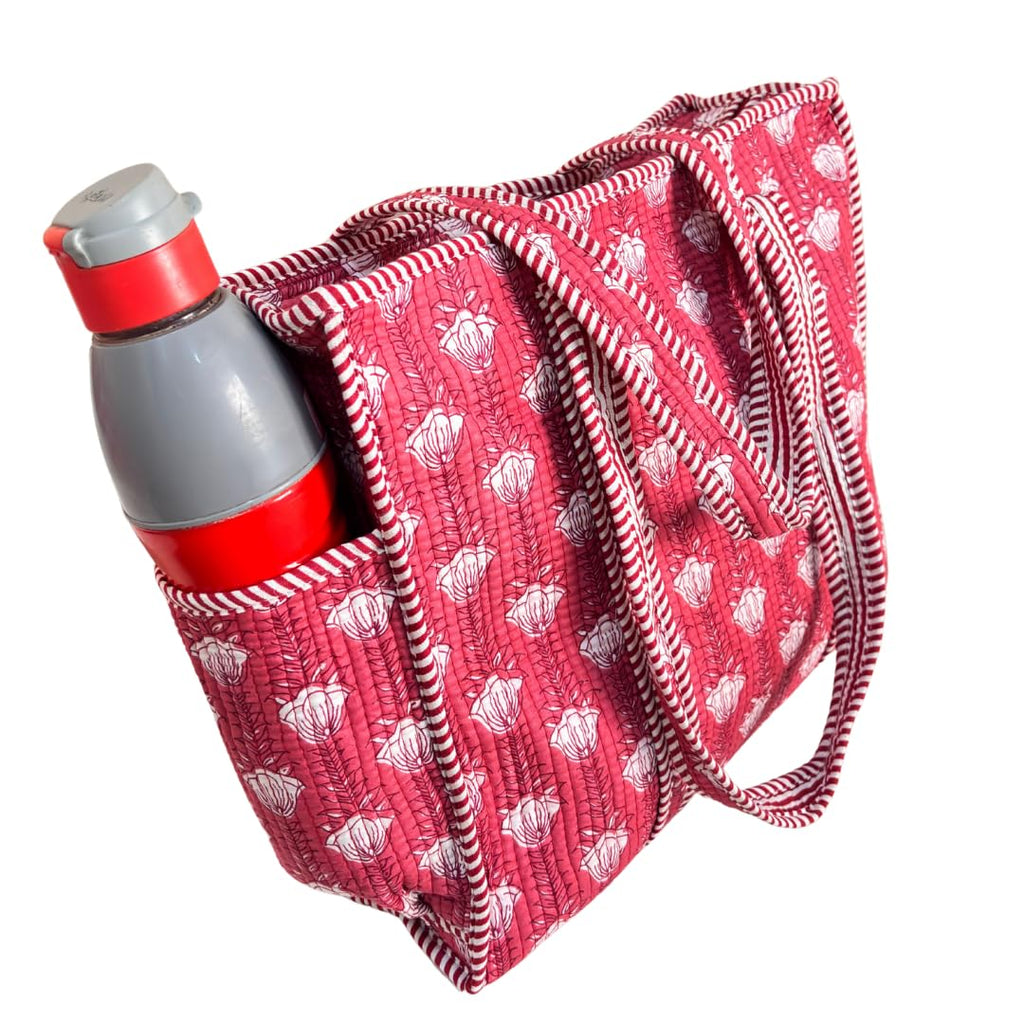 The House of RajPadmini Floral Quilted Cotton Shopping Tote Bag, 16x16 inches, Striped Trim, External Bottle Pocket (Dark Pink)