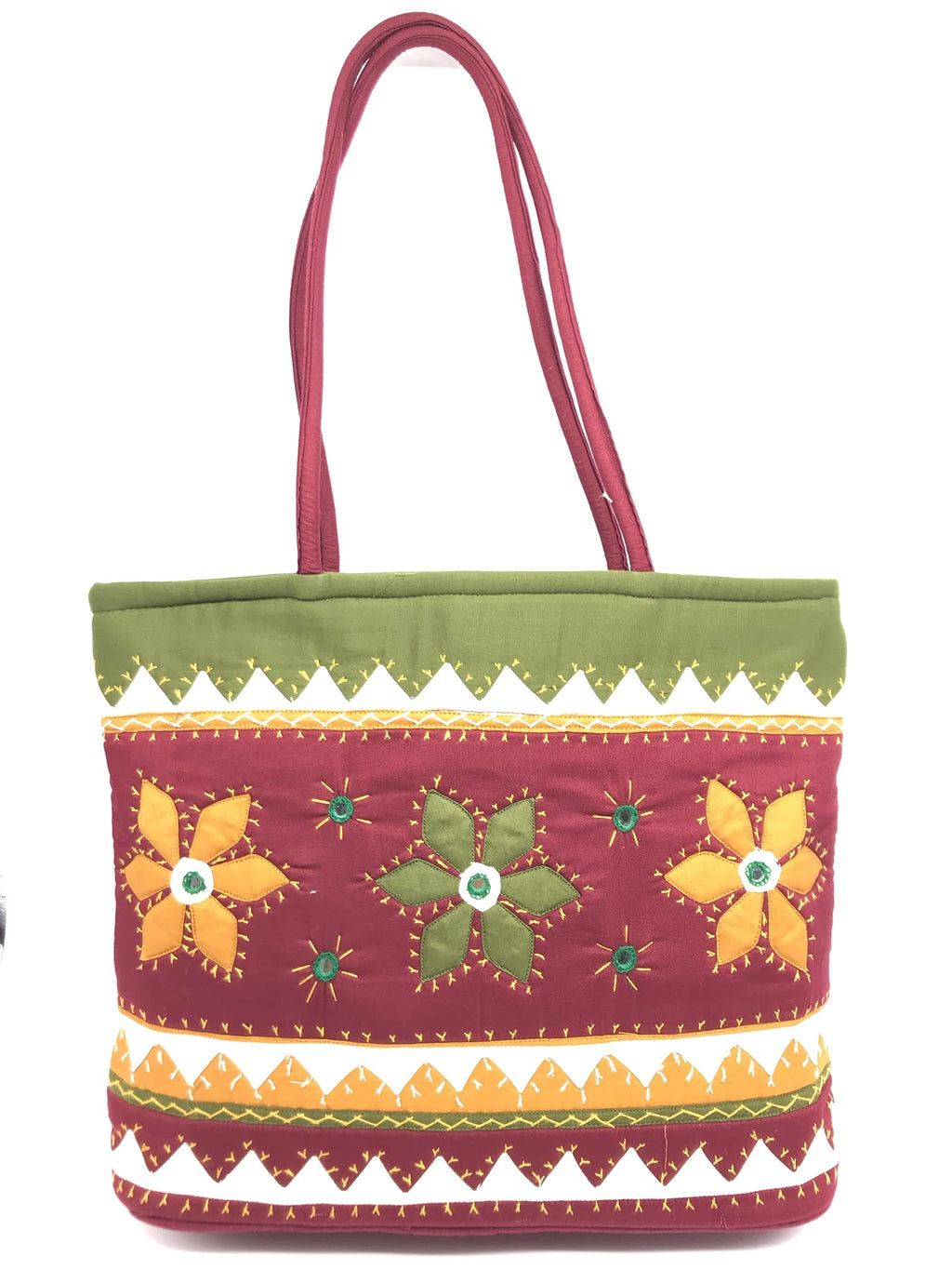 SriShopify Hand crafted Designer Handbag for Women/Shoulder Bag for Women Cotton handmade Tote bag with ZiP Marron Green (30x40x10 cm original Mirror Work applique work Stylish)