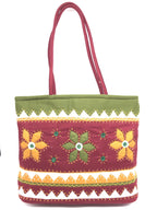 SriShopify Hand crafted Designer Handbag for Women/Shoulder Bag for Women Cotton handmade Tote bag with ZiP Marron Green (30x40x10 cm original Mirror Work applique work Stylish)