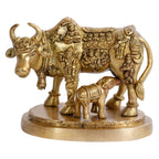 ARTVARKO Cow and Calf Statue Brass Kamdhenu Vastu Devta Carving on Gau MATA Idol, Vastu Nandi Pooja Figurine Sculpture, for Home and Office(11x7x9 cm)