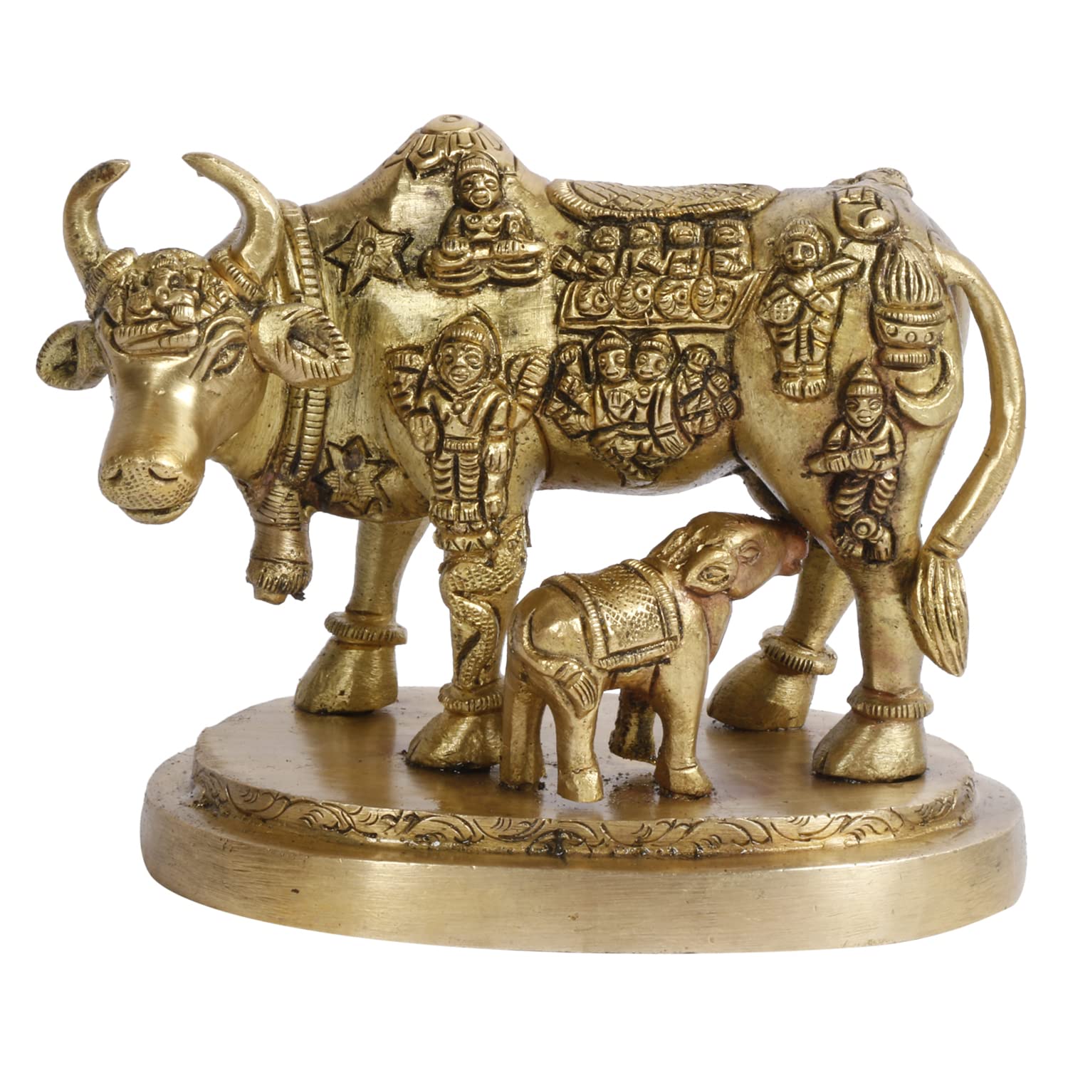 ARTVARKO Cow and Calf Statue Brass Kamdhenu Vastu Devta Carving on Gau MATA Idol, Vastu Nandi Pooja Figurine Sculpture, for Home and Office(11x7x9 cm)