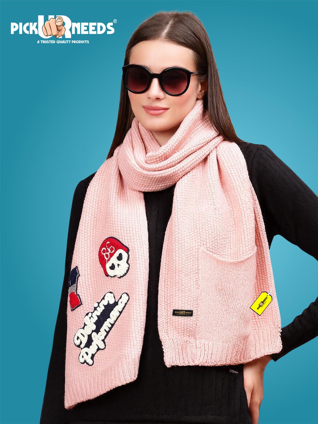Pick Ur Needs Women Winter Woolen Muffler with Trendy Patch Design Soft Warm Knitted Scarf for Girls & Ladies Stylish Casual Mufflers (Baby Pink)