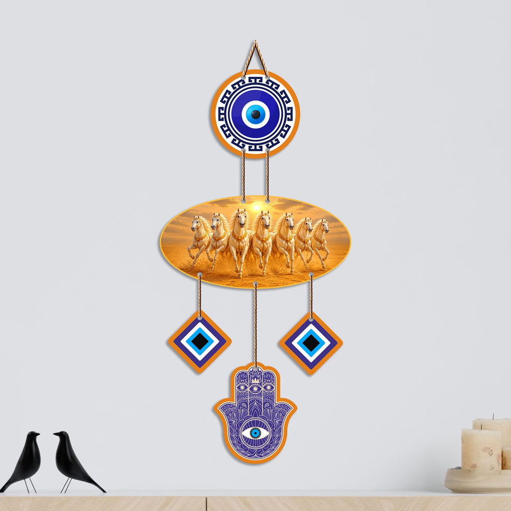 Artvibes Seven Running Horses Evil Eye Wall Hanging for Home Entrance Door Decor | Vastu Feng Shui Lucky Horses Wall Art with Nazar Battu Protection for Wealth Success Prosperity (WH_85131N)