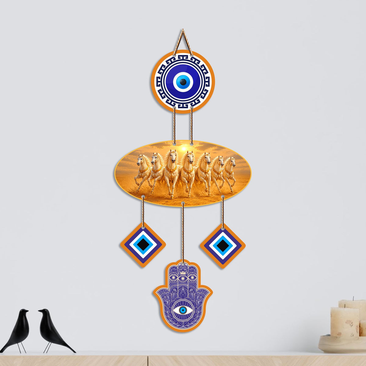 Artvibes Seven Running Horses Evil Eye Wall Hanging for Home Entrance Door Decor | Vastu Feng Shui Lucky Horses Wall Art with Nazar Battu Protection for Wealth Success Prosperity (WH_85131N)