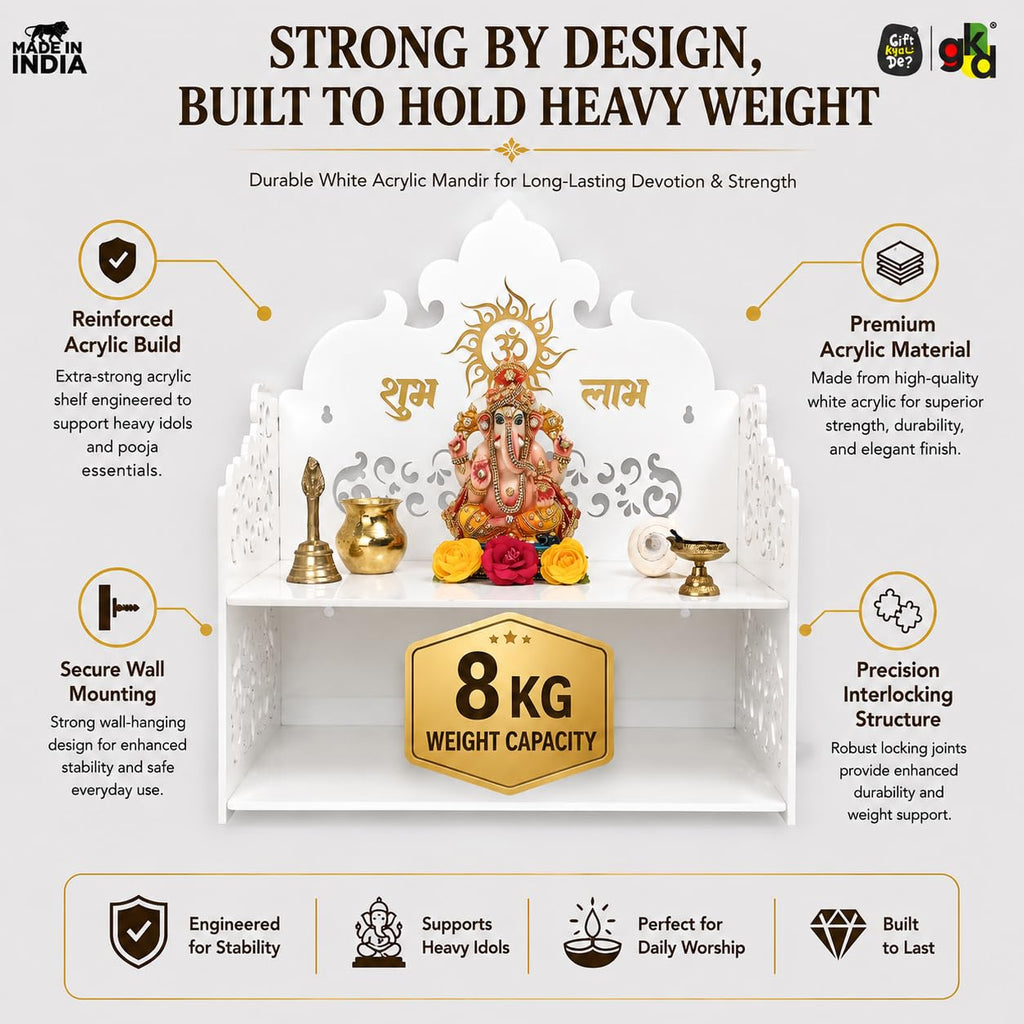 Gift Kya De Acrylic Wall Temple for Home, Pooja Mandir with 2-Tier Storage, Puja Mandir, Home Temple, Mandir Decoration Items for Office, 15 x 15 x 8 Inch