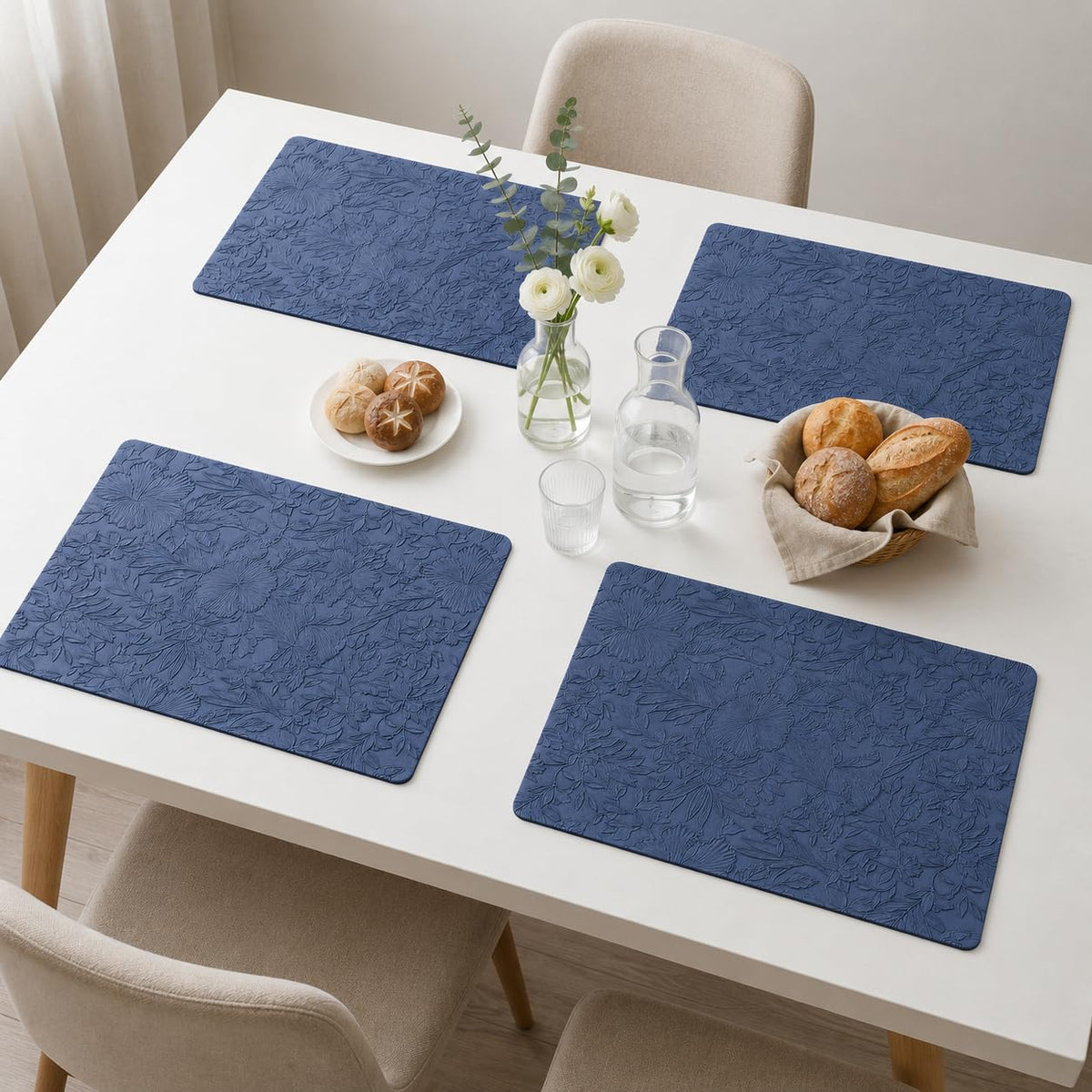 Yelona Premium Faux Leather Placemat Set of 4 | Printed Floral Design, Waterproof & Heat Resistant Table Mat | Non-Slip, Washable for Dining, Kitchen & Home Decor (Dark Blue, 43 x 30 cm) Kafalo