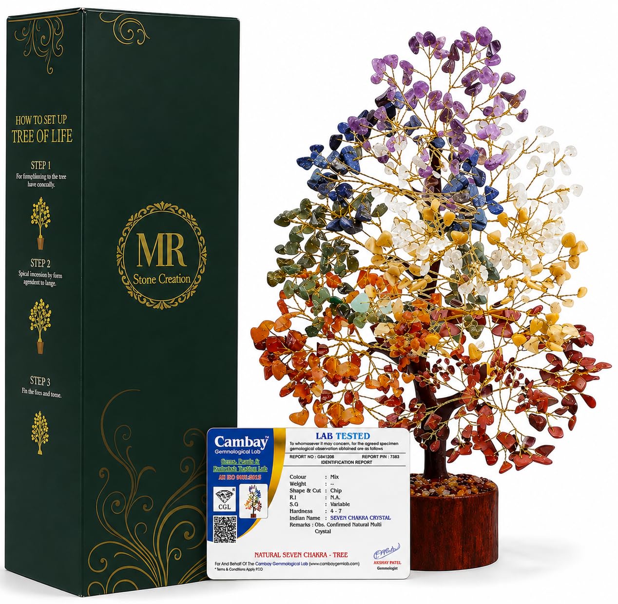 Mr. Stone Creations 300 Beads 7 Chakra Crystal Tree, Natural Healing Gemstone Money Tree, Handmade Feng Shui Bonsai Showpiece for Home, Office, Living Room Decor & Good Luck