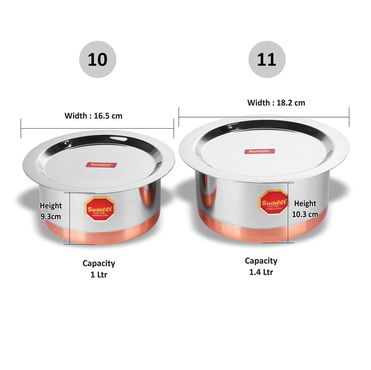 Sumeet Stainless Steel Copper Bottom Cookware/Container/Tope Set of 2 Pcs With Lids (No. 10-1 Ltr, No. 11-1.4 Ltr), 400 Ml,530 Ml,800 Ml