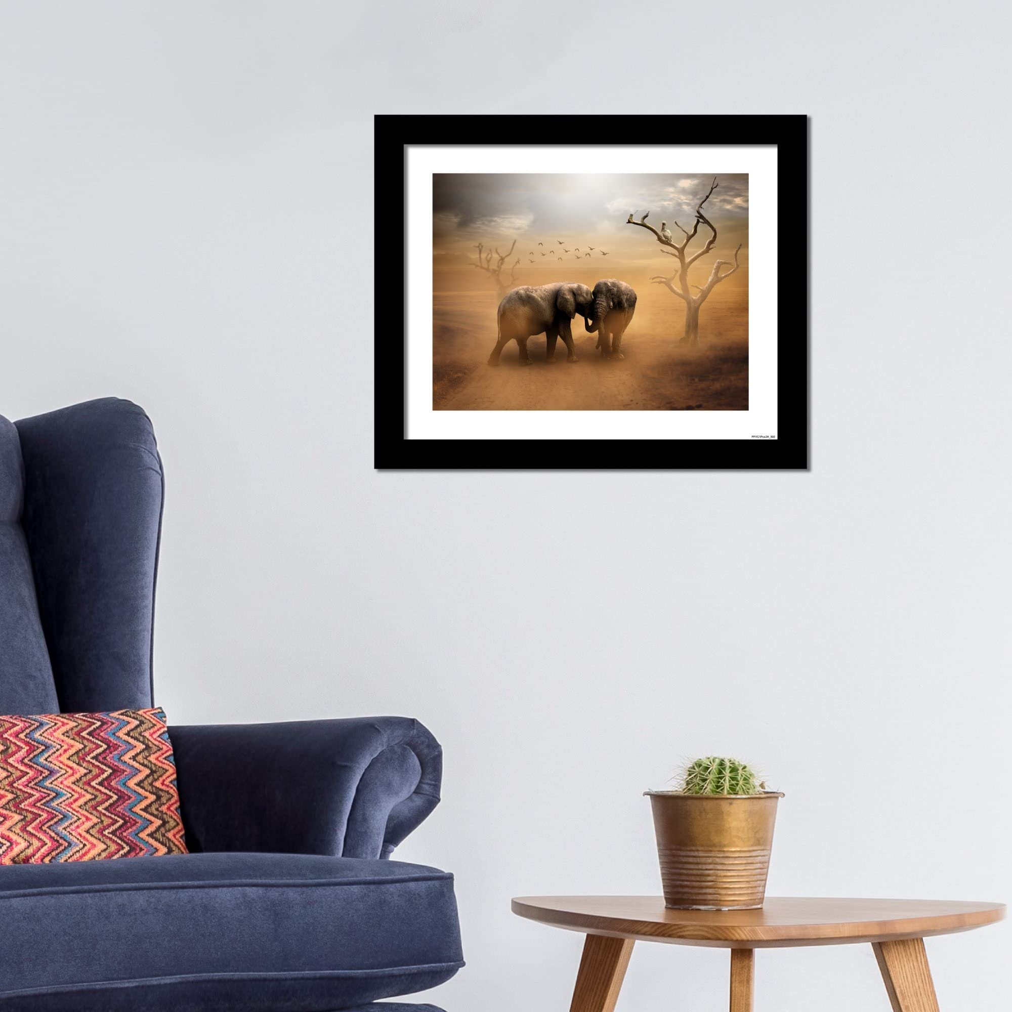 VIBECRAFTS Two Elephants in the Field Quality Wall Frame Painting Digital Reprint Posters with Synthetic Wooden Frame Home, Office Decorative Gift Item(11 inch x 9 inch)(PFVC1Pcs3H_502)