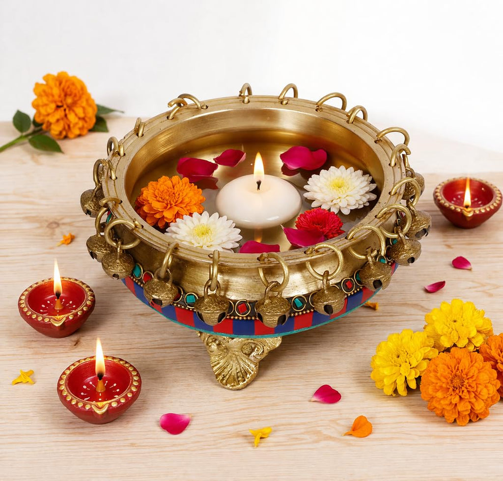 ARTVARKO™ Brass Urli Bowl with Bells Gemstone Work Ethnic Design Pot for Home Decor Temple Room, Gift 6 Inch