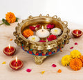 ARTVARKO™ Brass Urli Bowl with Bells Gemstone Work Ethnic Design Pot for Home Decor Temple Room, Gift 6 Inch