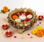 ARTVARKO™ Brass Urli Bowl with Bells Gemstone Work Ethnic Design Pot for Home Decor Temple Room, Gift 6 Inch