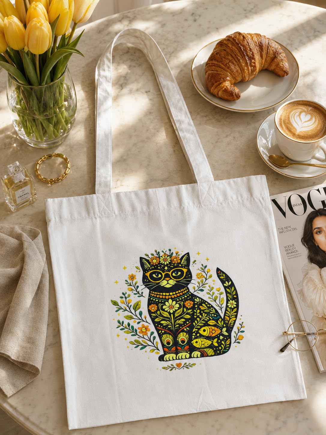 Kai Pai Co Cotton Tote Bag for Women, Indian Folk Art Prints, Casual Daily Use, Reusable Shoulder Bag,14 X 16 Inches - Madhubani, Kalamkari, Return Gifts (Persian Cat - Madhubani)