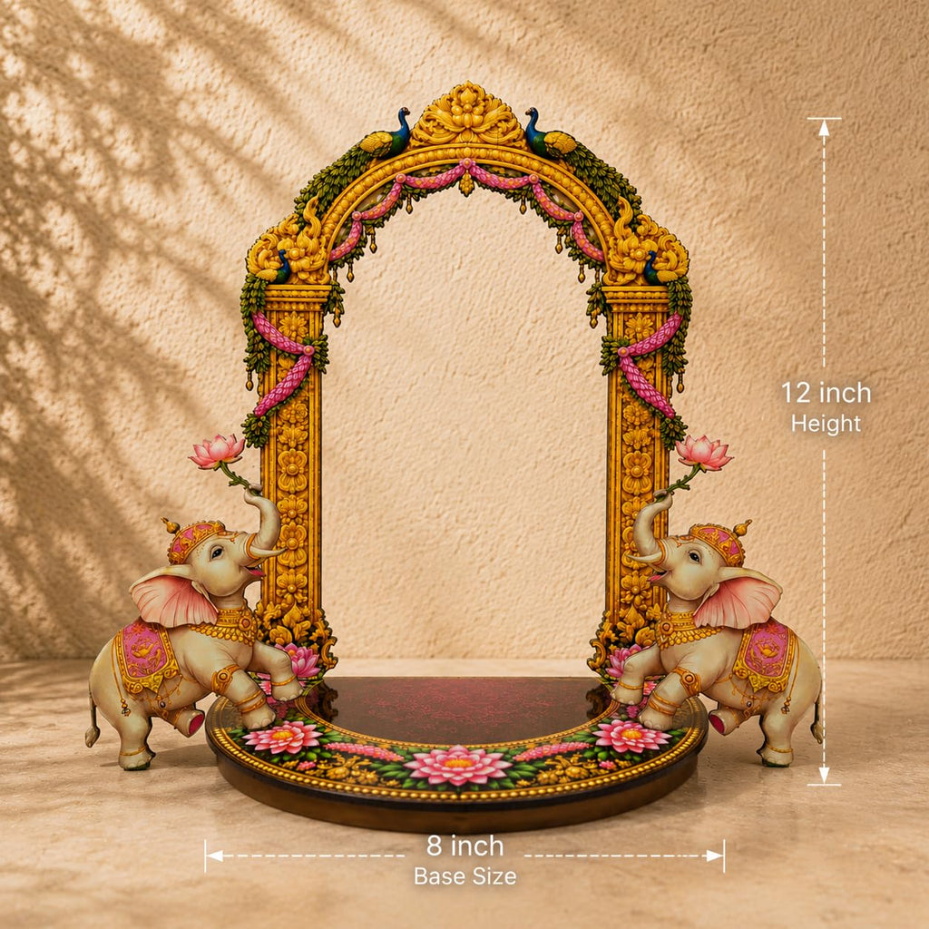 Pink n Purple Ganpati Singhasan MDF Throne, Gold and Pink, Traditional Indian Style, Twin Elephant and Peacock Arch, Lotus Base, Ganesh Chaturthi Mandap Decor