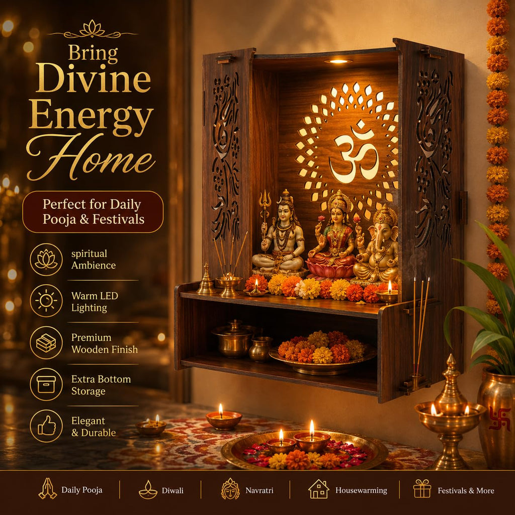 PIXIEDAISY Wooden Temple for Home with LED Light | Wall Mounted Pooja Mandir for Home & Office | Beautiful Wooden Pooja Stand for Living Room, Prayer Room & Hindu Temple Décor (Style-2)