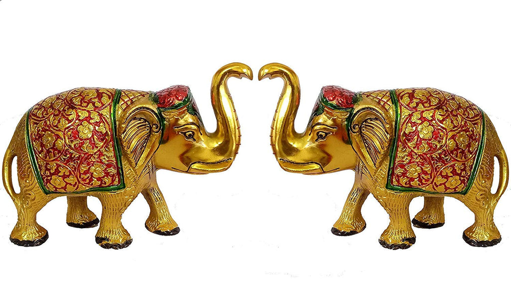 Prince Home Decor & Gifts Multi Coloured Metal Elephant Pair for Showpiece- Enhance Your Home As Well As Office Décor- Beautifully Hand Crafted & Hand Carved Item (Standard)