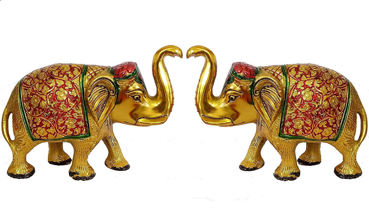 Prince Home Decor & Gifts Multi Coloured Metal Elephant Pair for Showpiece- Enhance Your Home As Well As Office Décor- Beautifully Hand Crafted & Hand Carved Item (Standard)