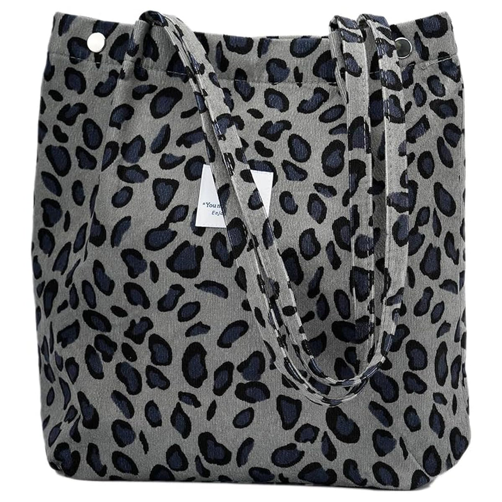 Lyrovo Women Corduroy Shoulder Tote Bag for Work Beach Travel and Shopping Grocery (Leopard)