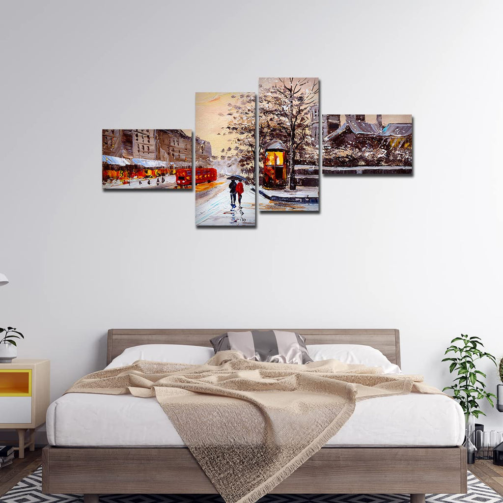 VIBECRAFTS Street View Of London 4 Pieces Canvas Wall Painting Fitted With Wooden Frame For Home | Office | Living Room | Gifts (PTVC4Pcs3_15505)