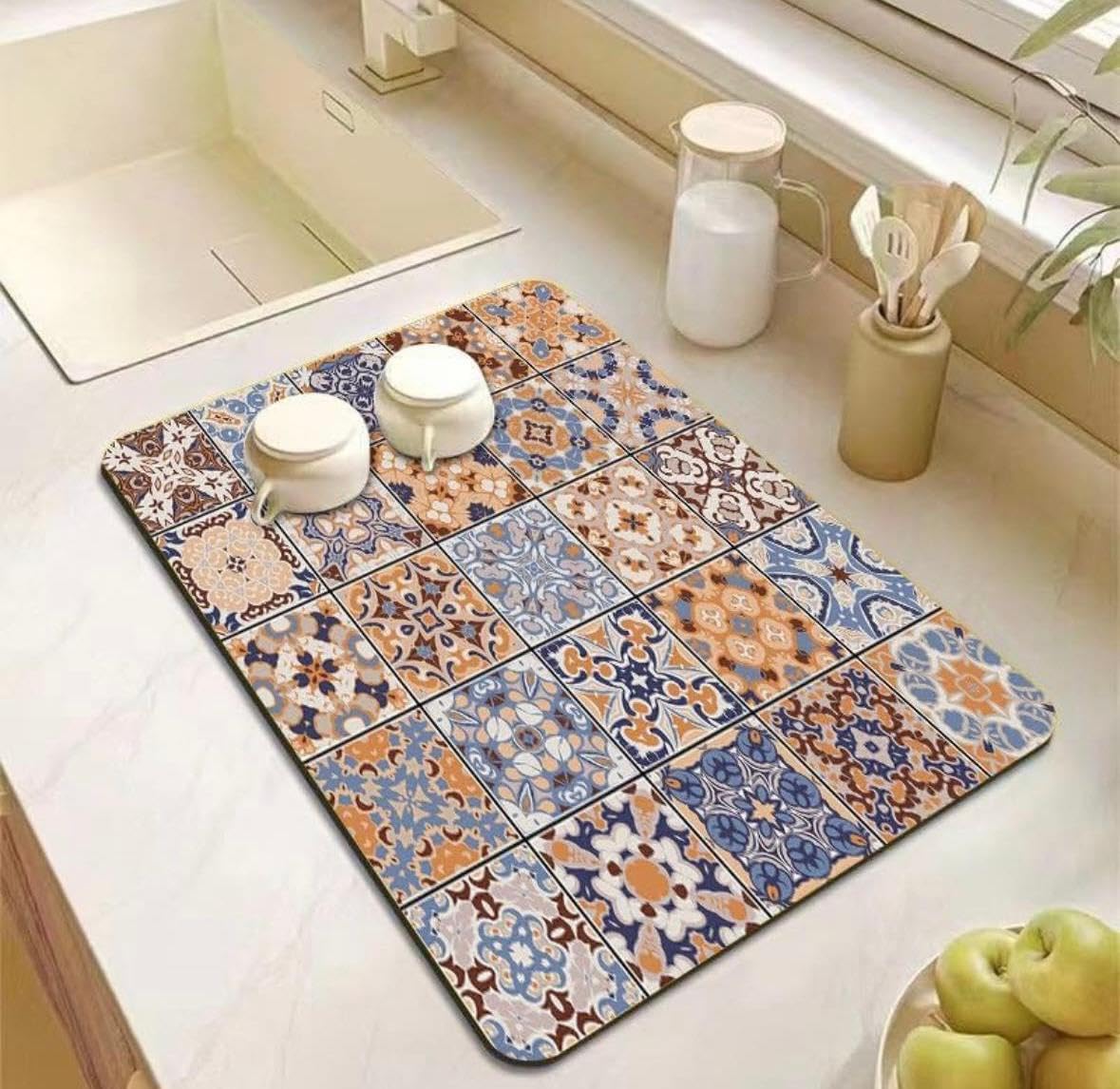 HomeCloud Dish Drying Mat for Kitchen Counter – Super Absorbent, Non-Slip & Heat-Resistant – Quick Dry Rack Pad for Dishes, Utensils, Coffee Maker – Stain-Hiding Design (Blue_Orange, 40x50cm) Kafalo
