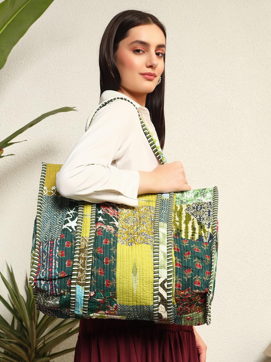 Ravaiyaa - Attitude is everything Patchwork Quilted Tote Bag Women Reversible Shoulder Bag Cotton Carry Bag Multipurpose Tote Bags (Green)
