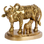 ARTVARKO Cow and Calf Statue Brass Kamdhenu Vastu Devta Carving on Gau MATA Idol, Vastu Nandi Pooja Figurine Sculpture, for Home and Office(11x7x9 cm)