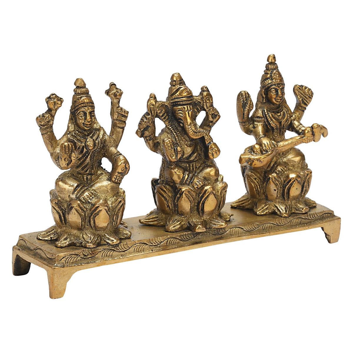 SVARUP Brass Lakshmi Ganesha Saraswati Sitting on Lotus Idol for Diwali Pooja Home Decor 5.5 Inch