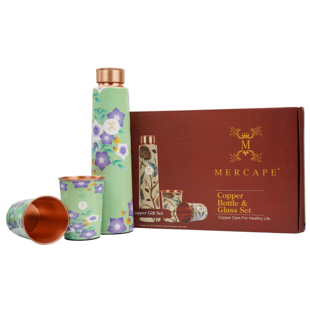 MERCAPE® - Pure Copper Water Bottle and Glass Ample Flower Printed Design, Joint Less, Advanced Leak Proof Protection, Ayurveda and Yoga Health Benefits with (2 Glass x 250 Ml) (900 Ml Bottle)