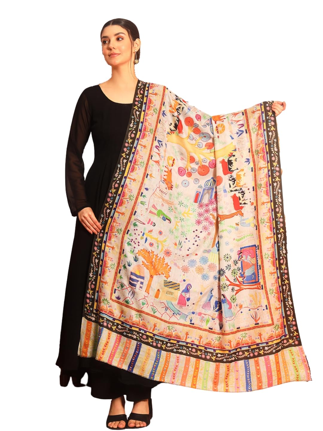 Pashmoda Women Naqshkaar Fine Wool Fabric Pashmina Kalamkari Embroidered Shawl (Size: 40x80in, 101x203cm) KAS12