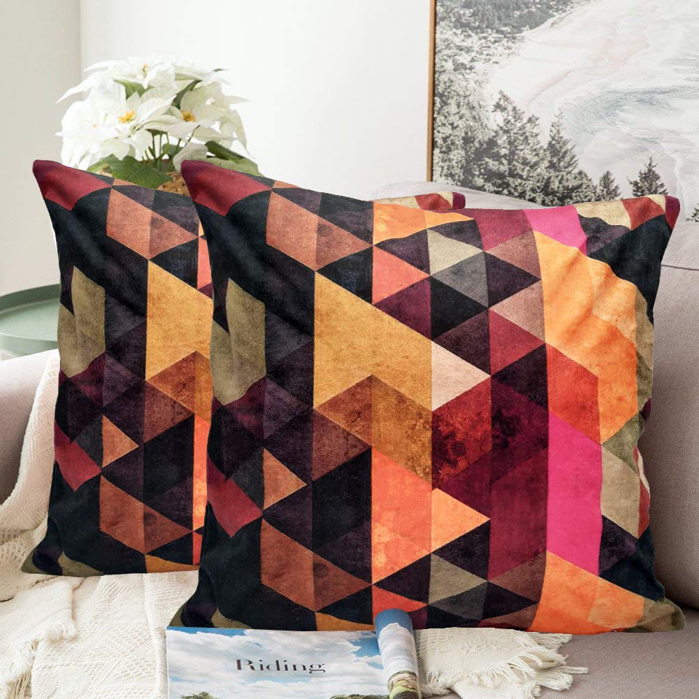 Khooti Velvet Cushion Cover, 18x18 (Triangular Orange)(Pack of 1)