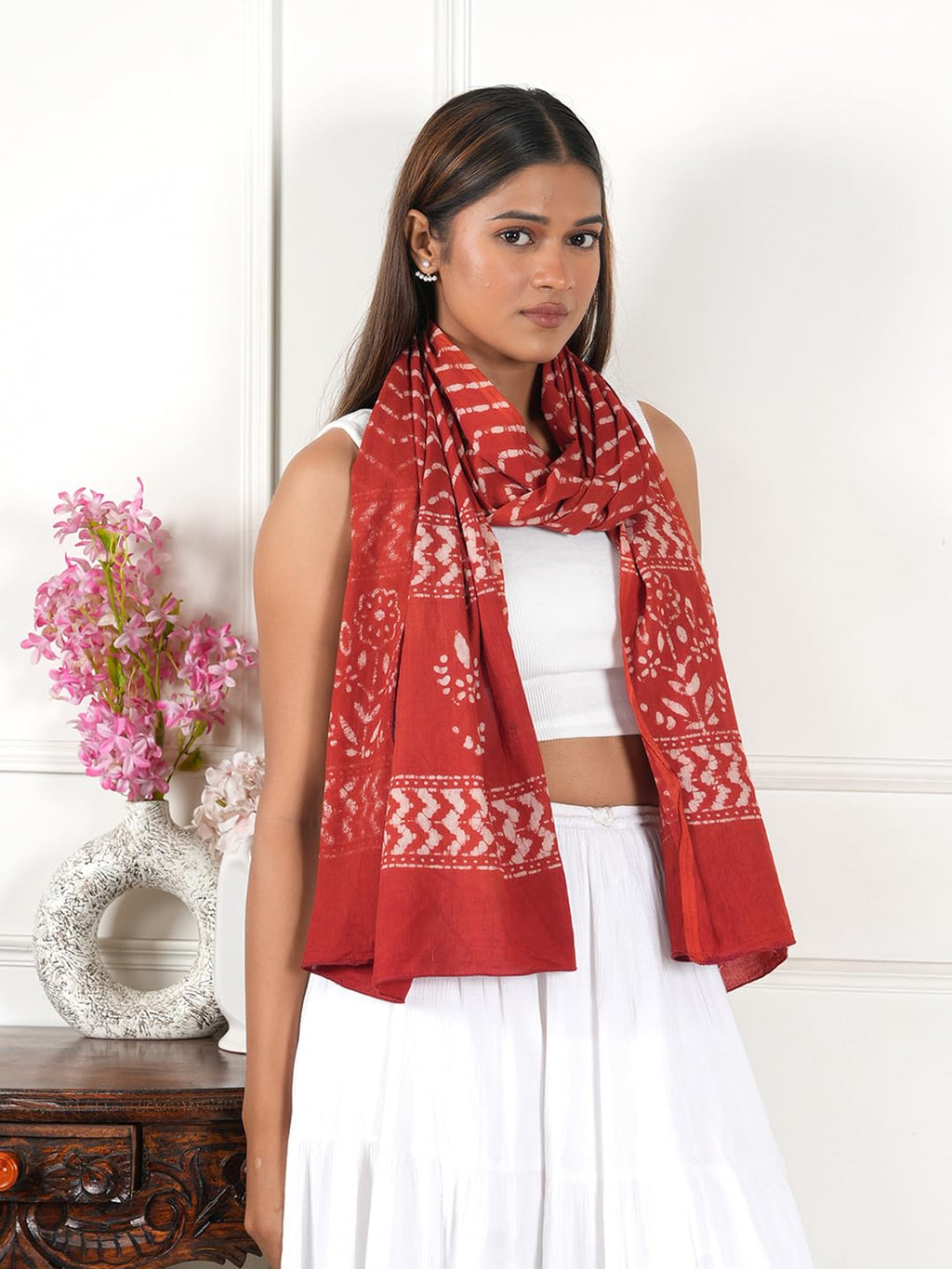 Gutthi Women's Cotton Stoles | Scarf Lightweight & Comfortable for All Seasons, (100X180 CM) (Red)