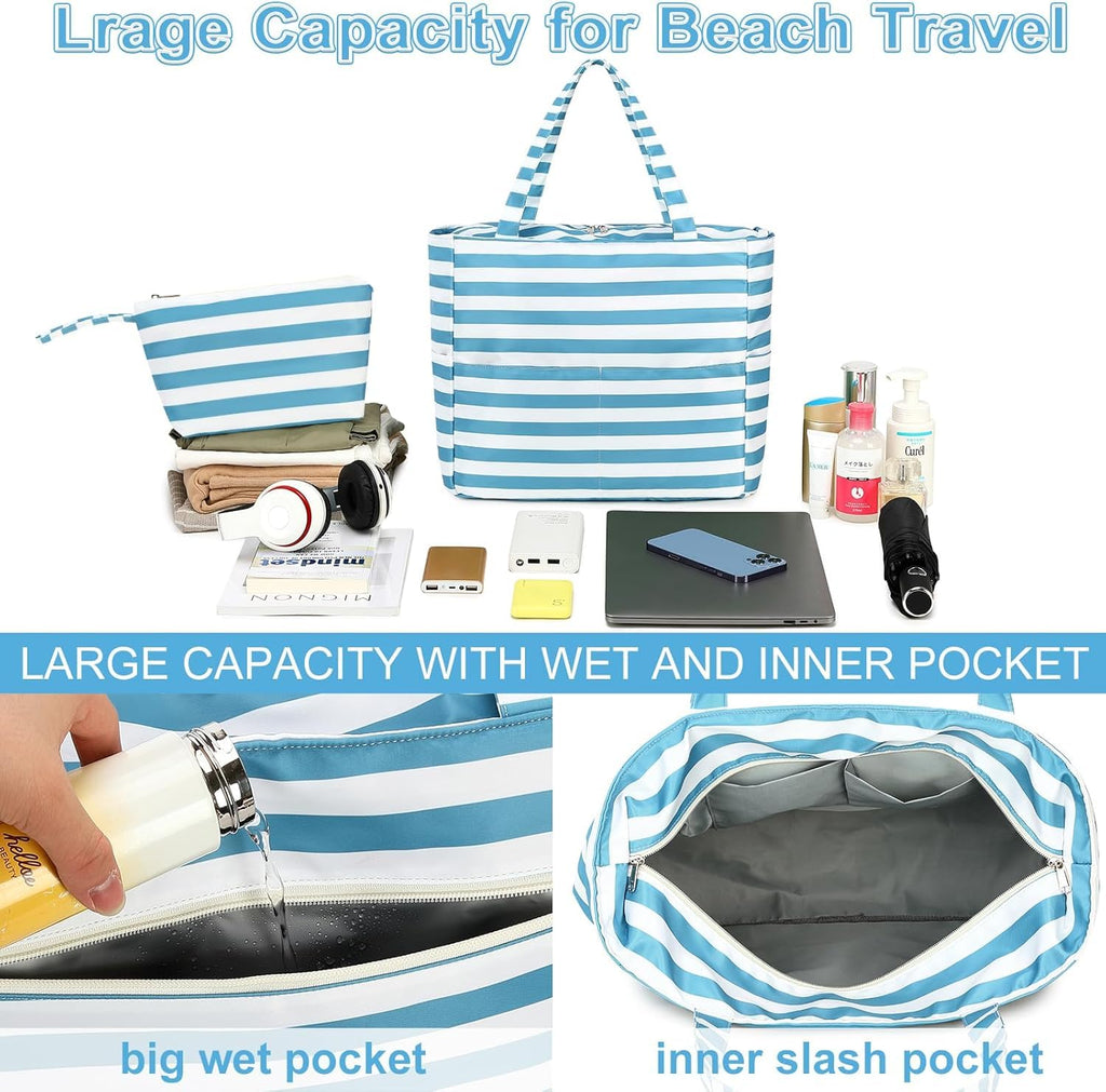 hirTa Cery Tote Bag with Makeup Pouch for Teacher Women Office Girls Work Multipurpose Shoulder HandBag for Travel Grocery Beach Hobo Diaper Changing Sandproof Pool - White and Blue