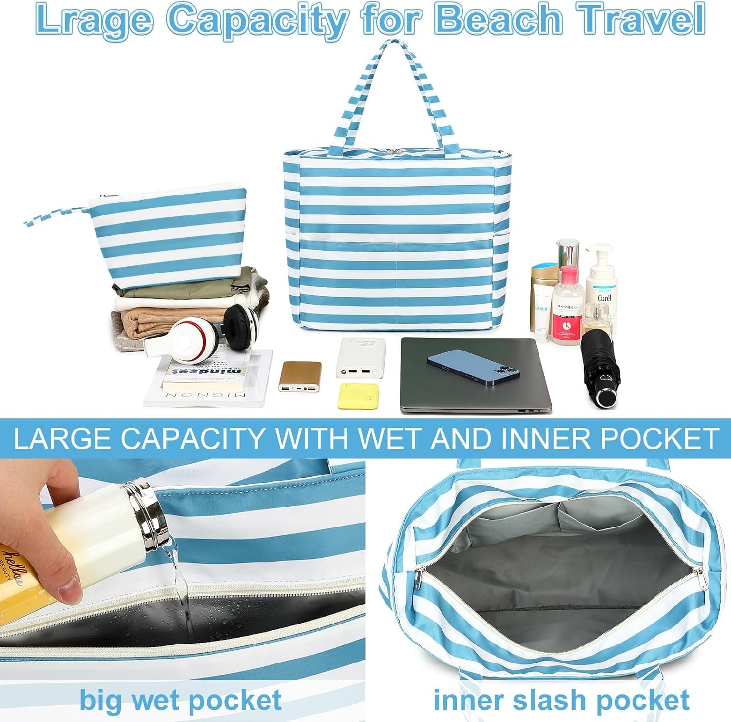 hirTa Cery Tote Bag with Makeup Pouch for Teacher Women Office Girls Work Multipurpose Shoulder HandBag for Travel Grocery Beach Hobo Diaper Changing Sandproof Pool - White and Blue