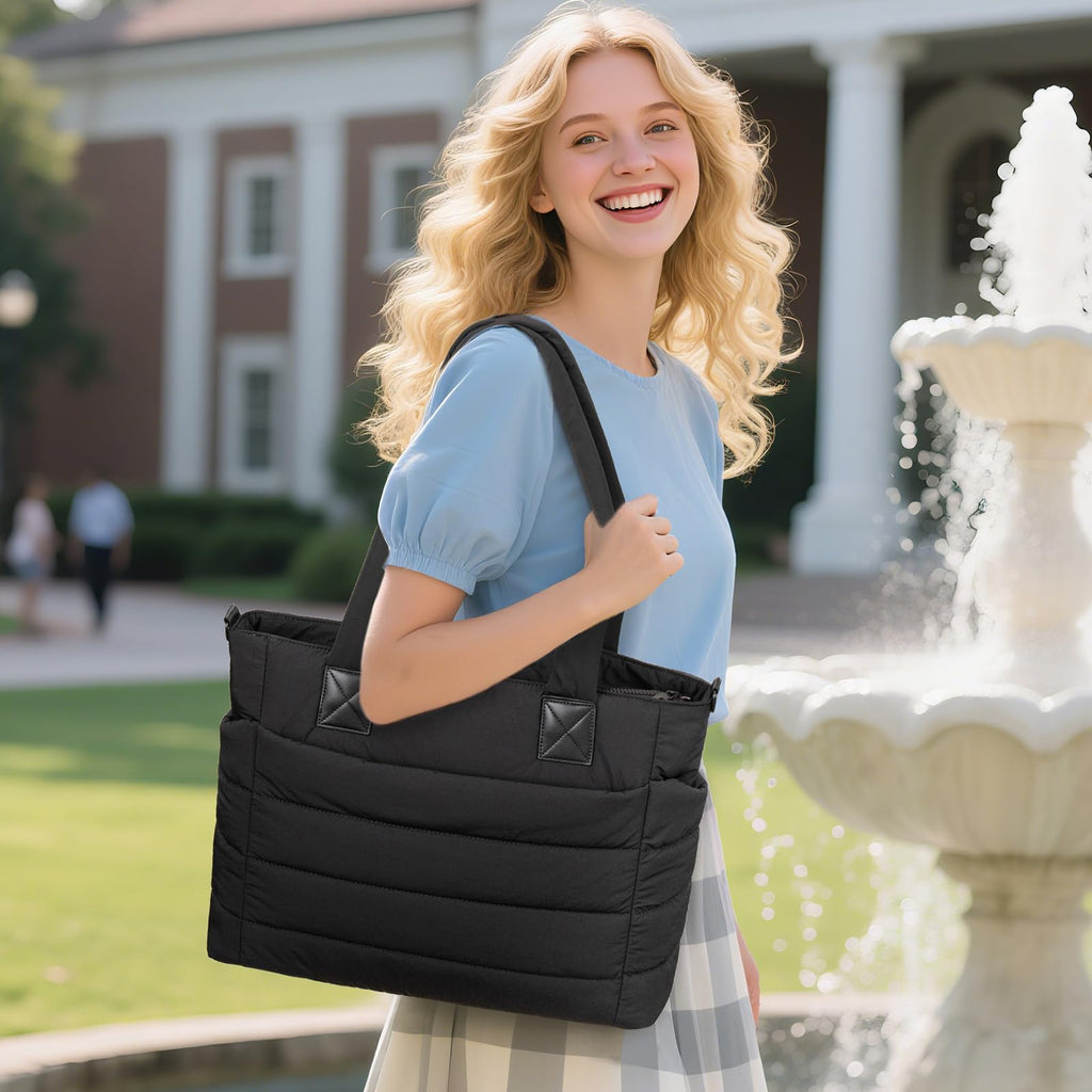 GASSDA Tote Bag for Women Puffer Work Tote Handbag Large Quilted Nurse Bag with Zipper for Travel, Black, Large
