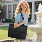 GASSDA Tote Bag for Women Puffer Work Tote Handbag Large Quilted Nurse Bag with Zipper for Travel, Black, Large