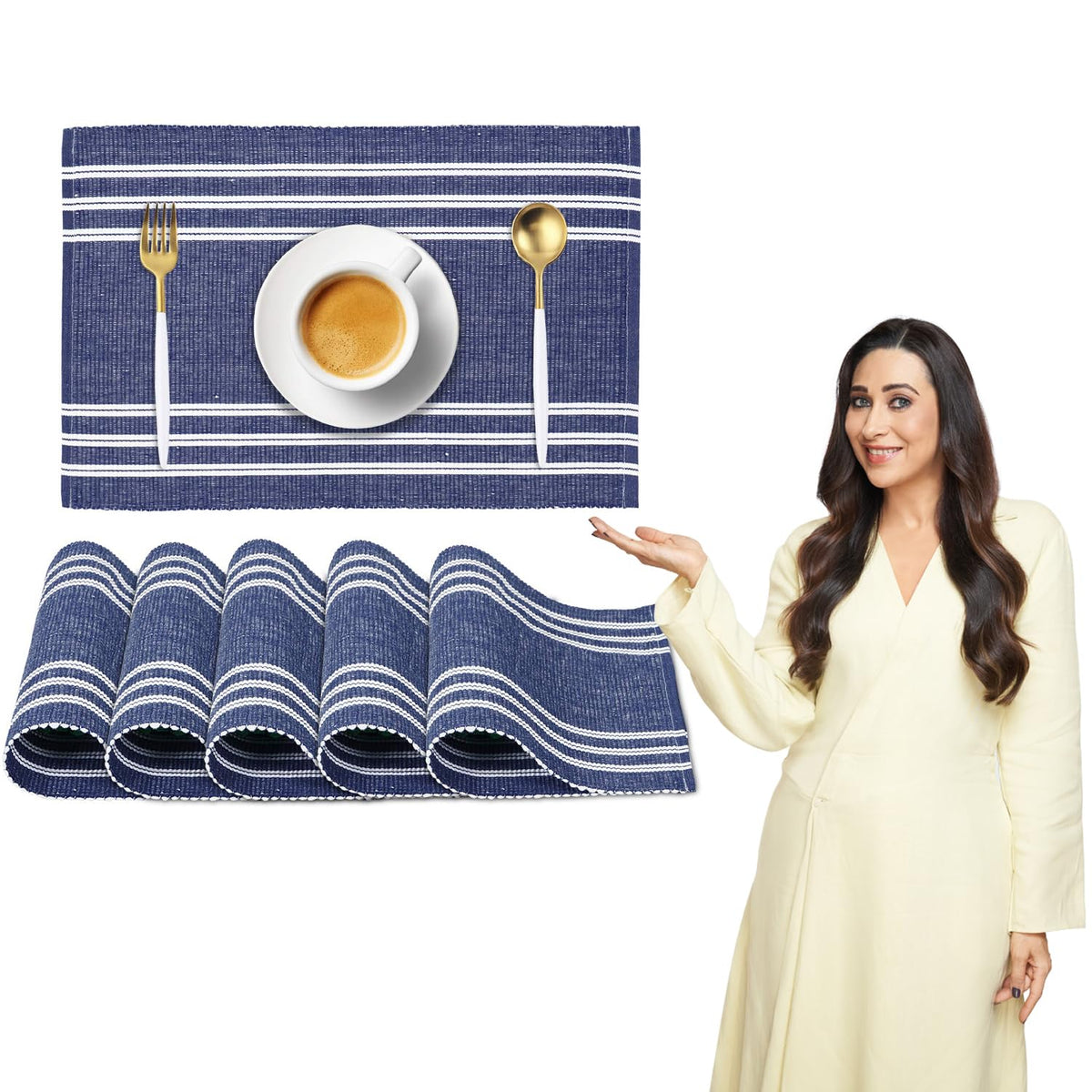 HOKIPO ® Ribbed Cotton Washable Dining Table Mats (Blue) 6 Pieces Kafalo