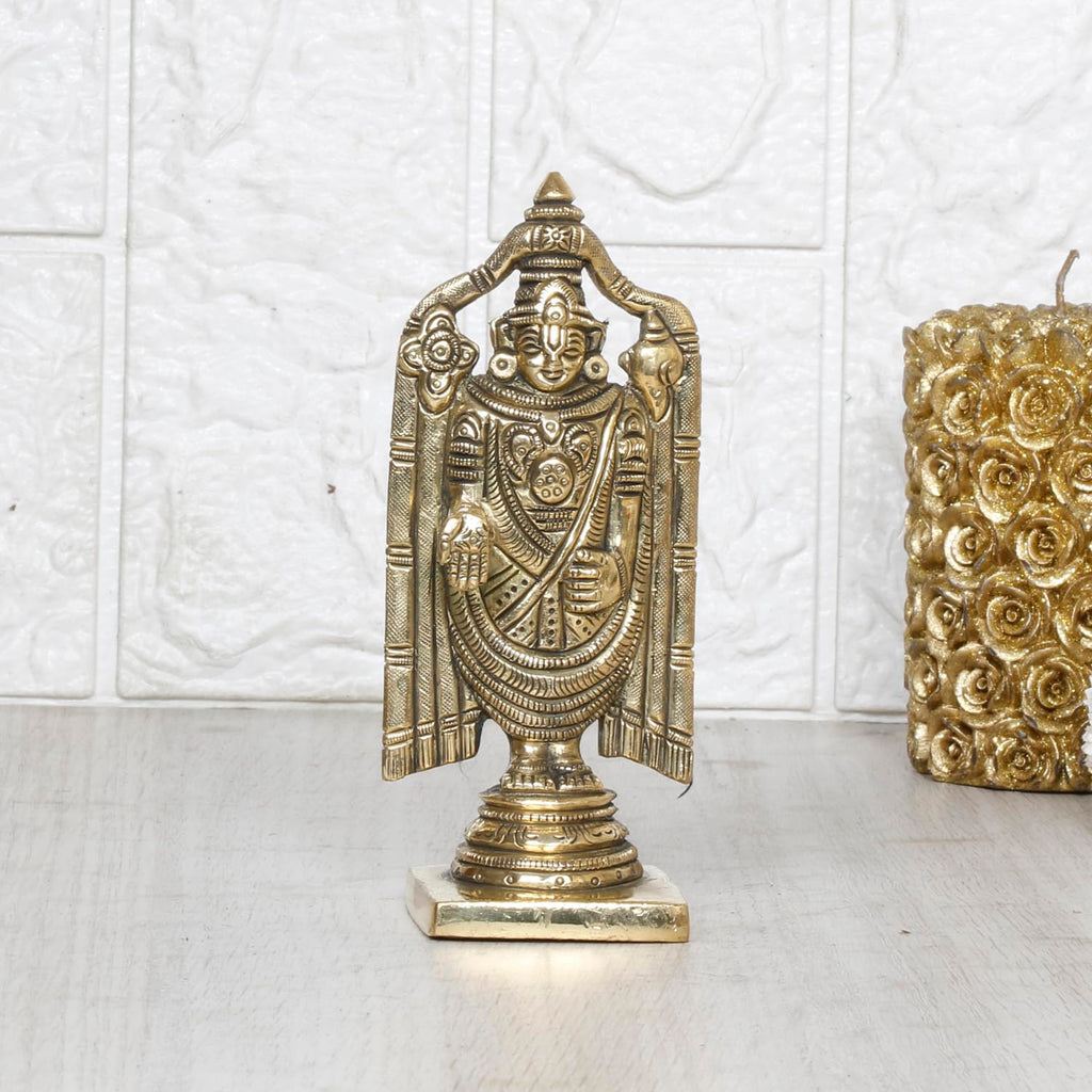 ARTVARKO Brass Tirupati Balaji Venkateshwara Idol Vishnu Chakra Namah Shankh Statue Murti Lord Srinivasa Pooja Vastu Religious Idol for Home Office Temple Decor Gift 5.5 Inch.