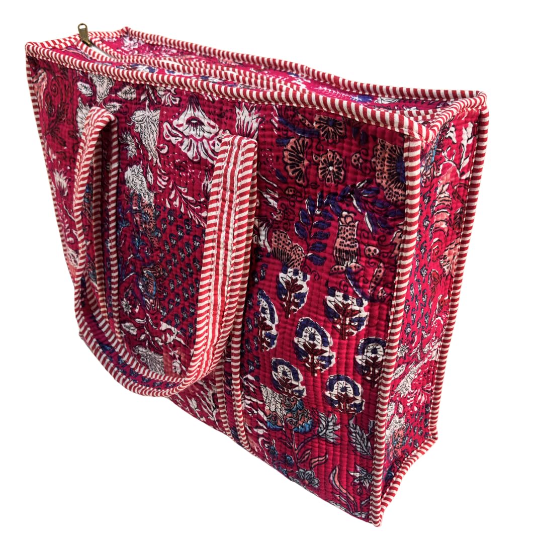 Bazaar Bhoot Edition Premium Cotton Quilted Shopping Tote Bag - Multipurpose Long Lasting Foldable Reusable Bag with zipper for Shopping, Travel & Daily Use - Made in India (Deep Pink)