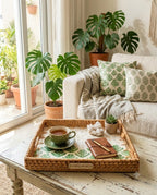 Aurexo Homes Rattan Mother of Pearl Square Decorative Tray | 28x28 cm | Handcrafted Natural Rattan with MOP Inlay | Serving & Home Decor