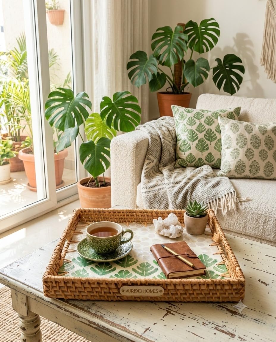 Aurexo Homes Rattan Mother of Pearl Square Decorative Tray | 28x28 cm | Handcrafted Natural Rattan with MOP Inlay | Serving & Home Decor