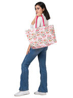 AQVA Stripe Printed Tote Bag for Women | Ladies Casual Handbag for Shopping, Travel with Top & inner Zip Pocket | Versatile Trendy Handbag for College Girls (Jannat white Pink)