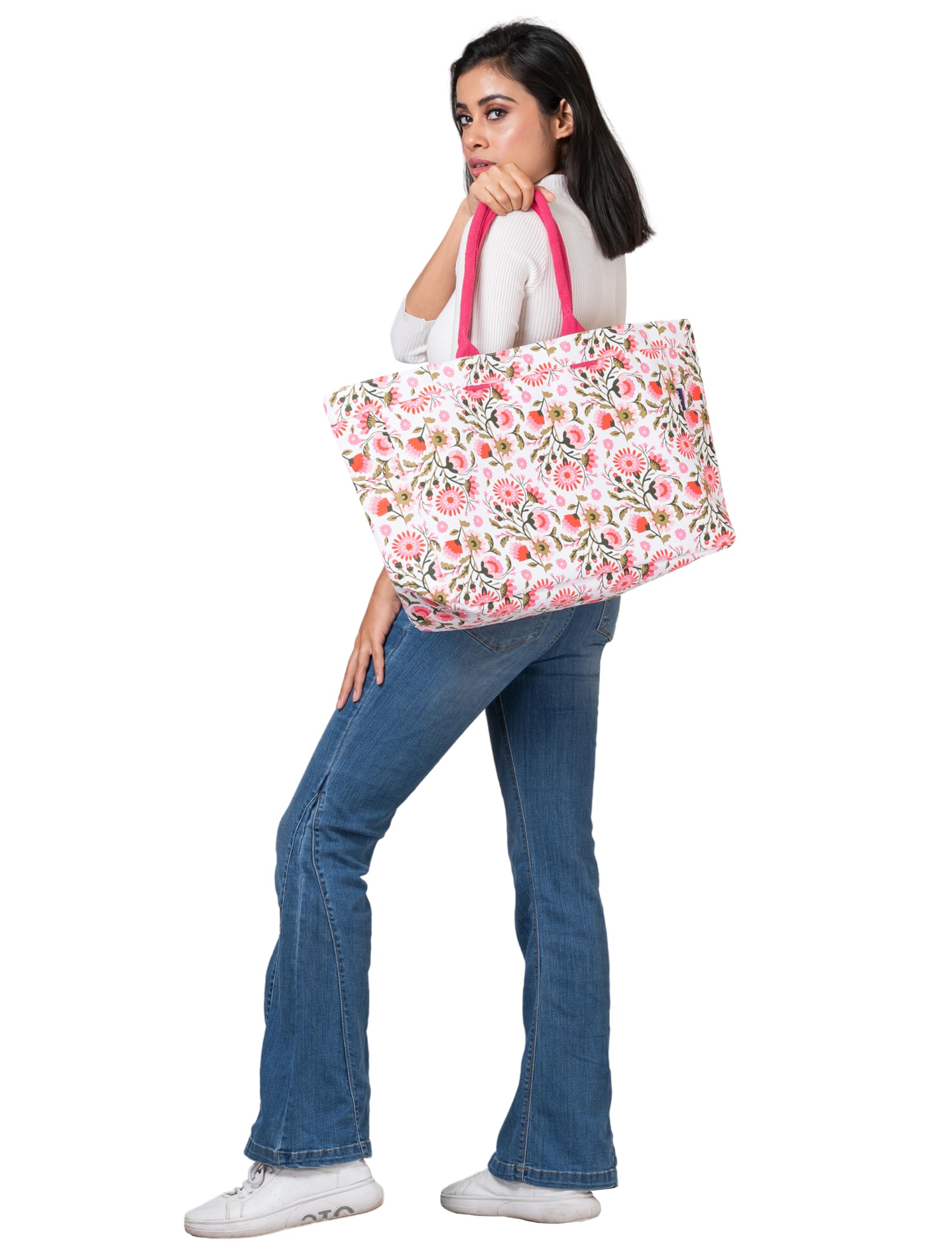 AQVA Stripe Printed Tote Bag for Women | Ladies Casual Handbag for Shopping, Travel with Top & inner Zip Pocket | Versatile Trendy Handbag for College Girls (Jannat white Pink)