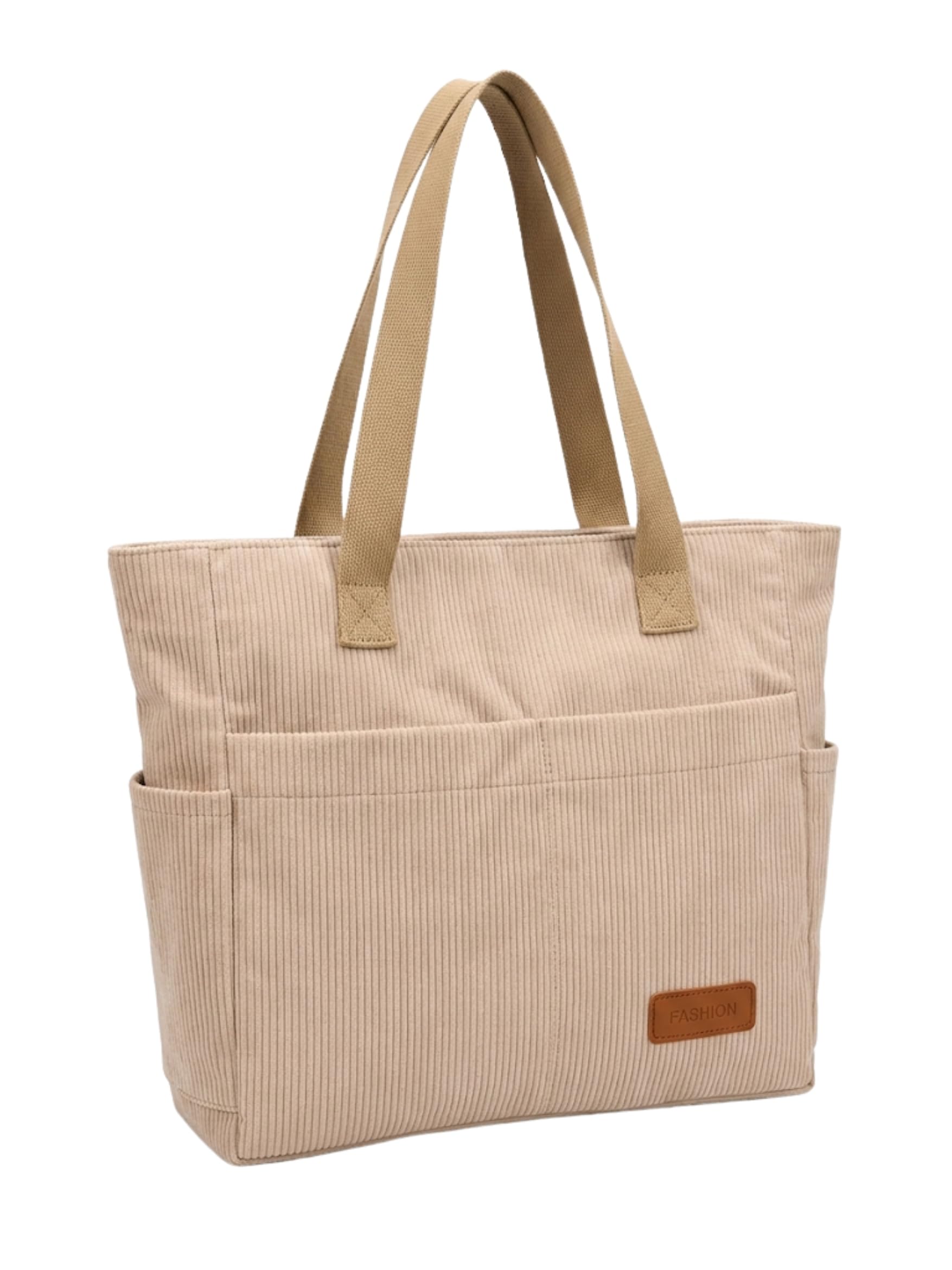 ITALISH Corduroy Tote Bag for Woman Lightweight Multi-Pocket Handbags for Women Latest Collection with Zipper Closure (Beige)