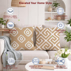 STITCHNEST Set of 2 Polycotton Cushion Covers – 24x24 Inches – Beige & White Ikat Geometric Print – Elegant Cushion Covers for Sofa & Living Room | Perfect for Home Decor